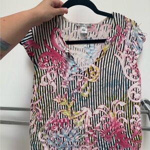 Alberto Makali Black-White Striped Floral V-Neck Cap Sleeve Top - AS IS